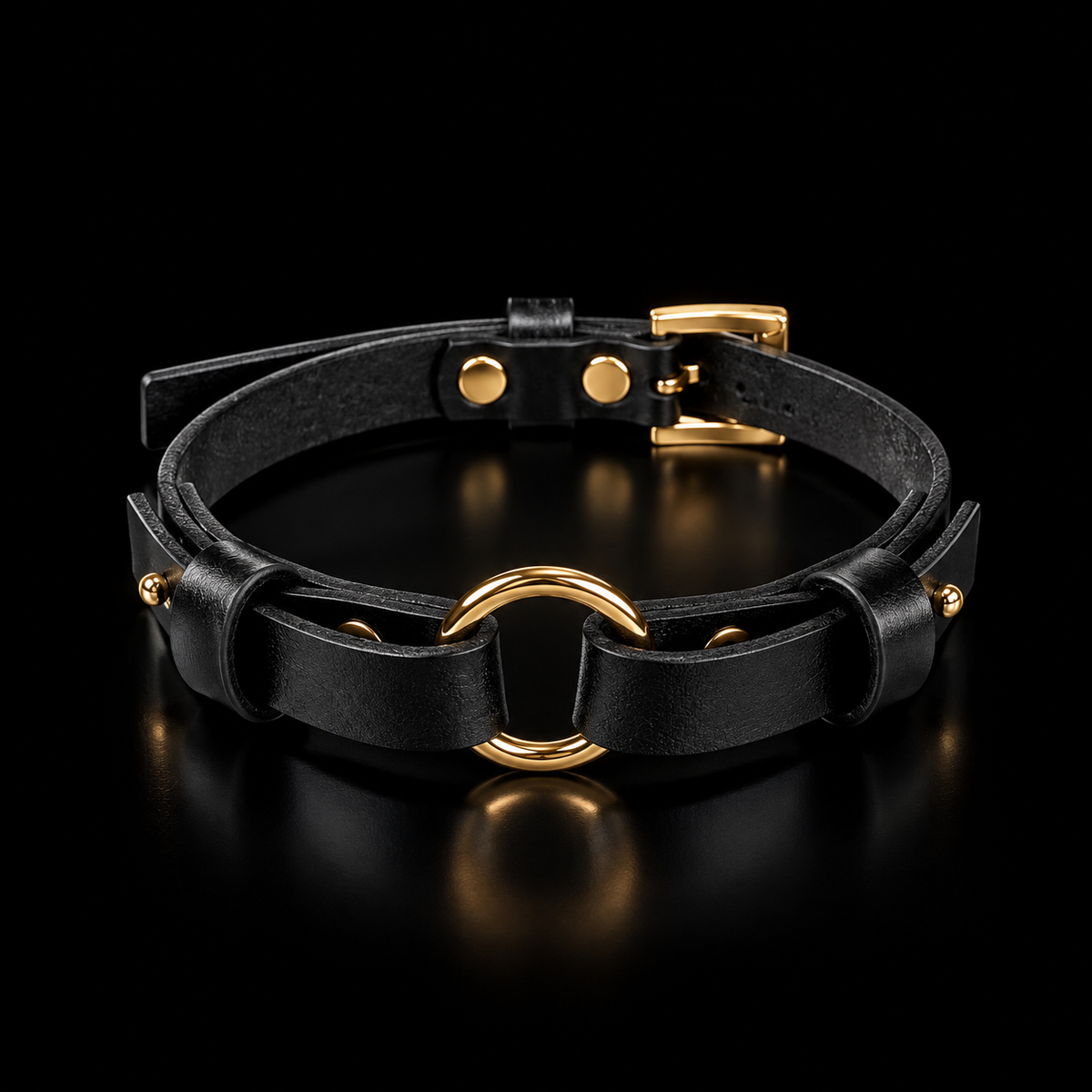 Black Leather Choker Collar with Gold Hardware and Detachable Chain Leash