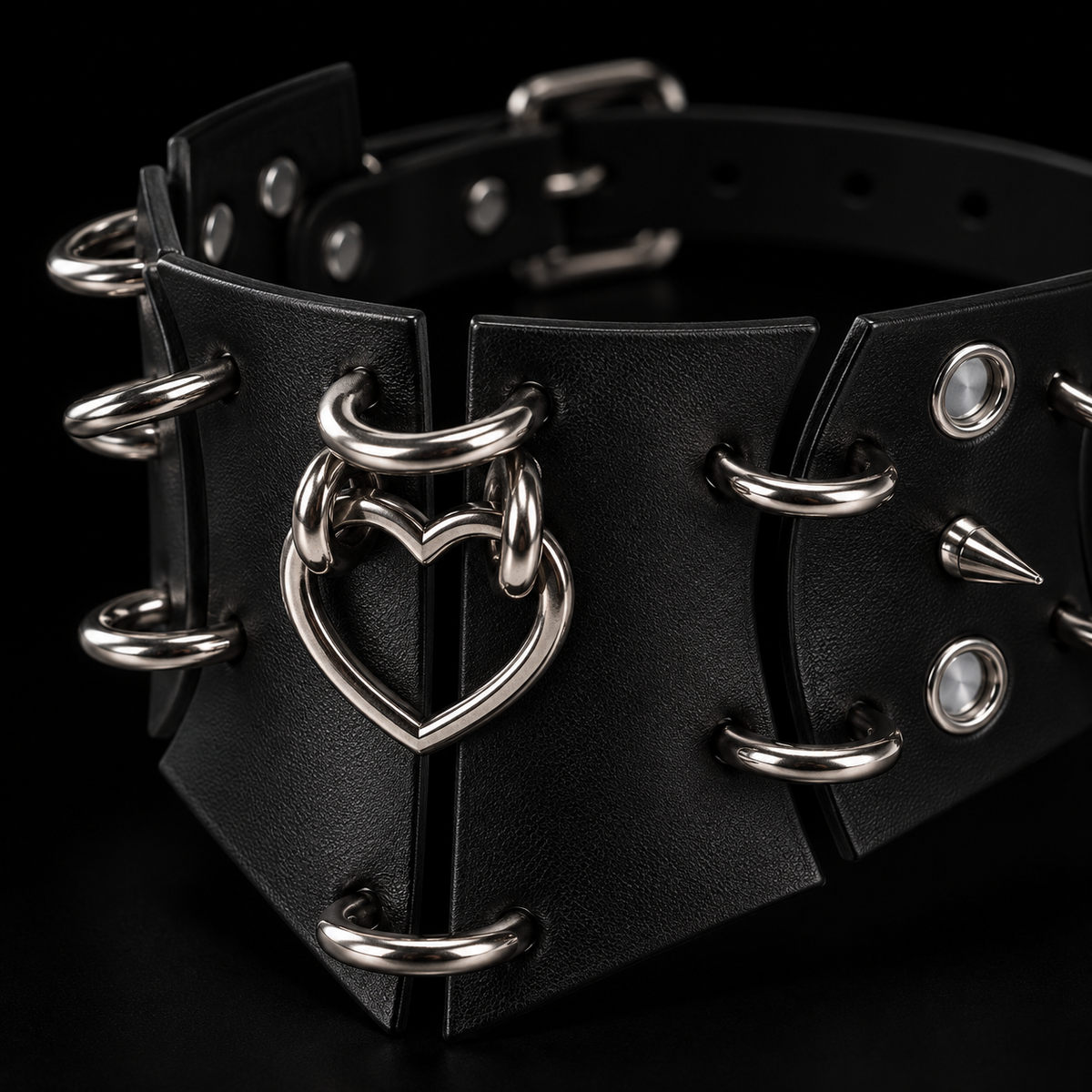 Black Leather Punk Wide Collar with Heart O-Ring