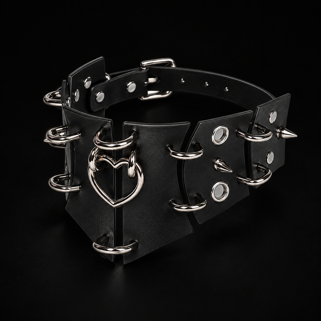 Black Leather Punk Wide Collar with Heart O-Ring