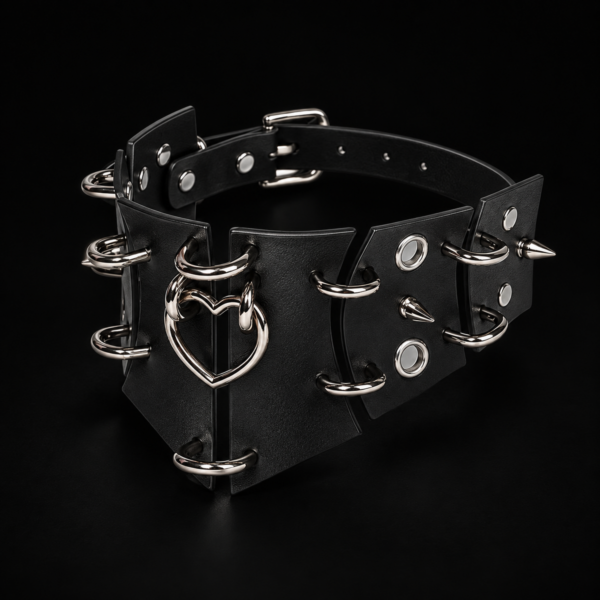 Black Leather Punk Wide Collar with Heart O-Ring