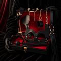 Black Leather Couples Roleplay Accessory Set with Collar, Mask, Cuffs, Chain Leash & Storage Box