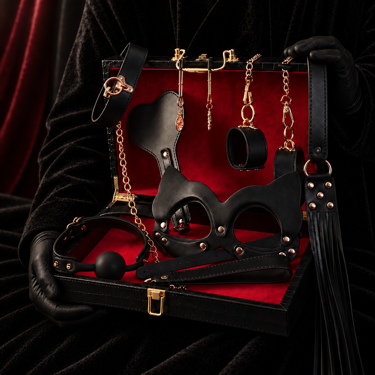 Black Leather Couples Roleplay Accessory Set with Collar, Mask, Cuffs, Chain Leash & Storage Box
