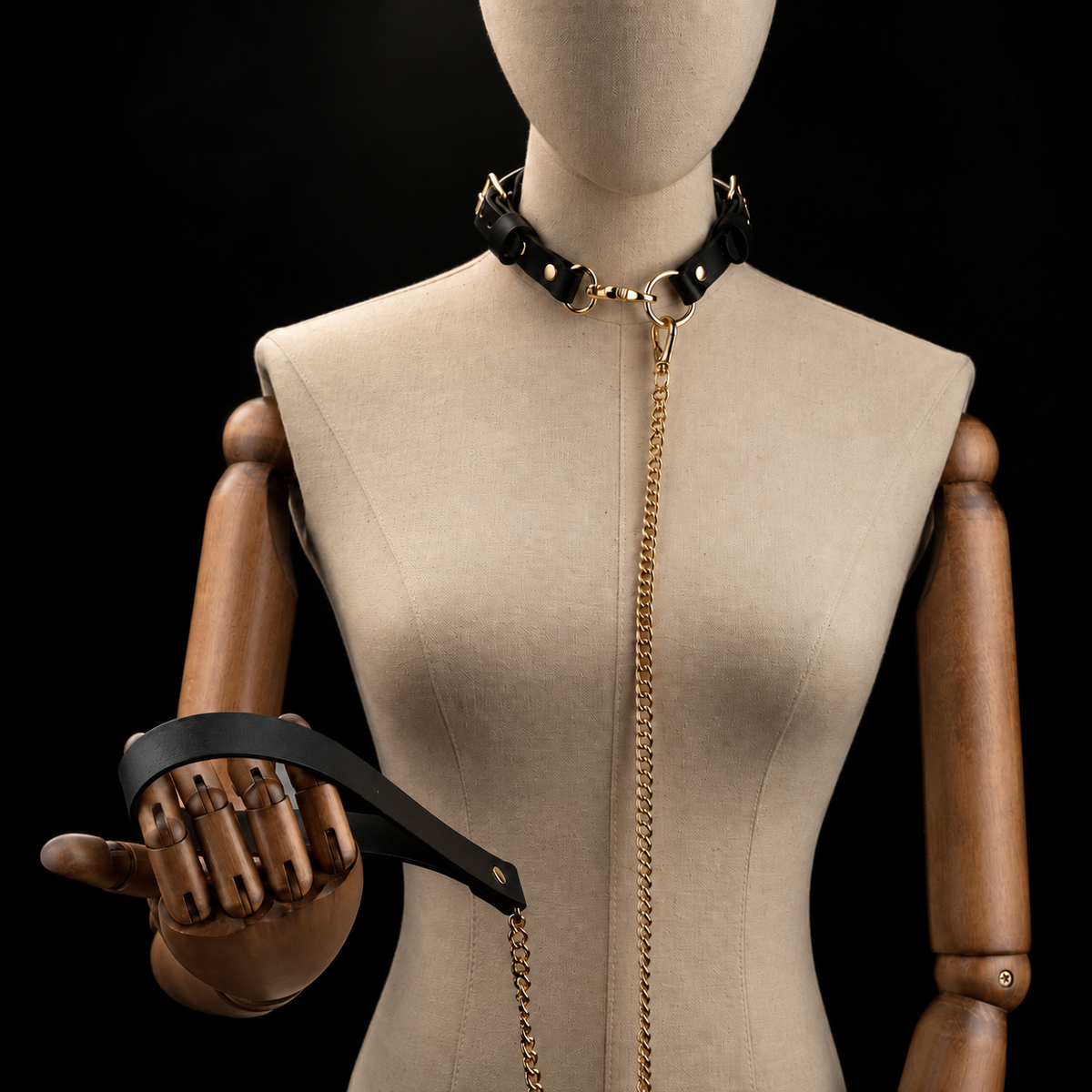 Adjustable Black Leather Choker Collar with Gold Hardware and Optional Leash