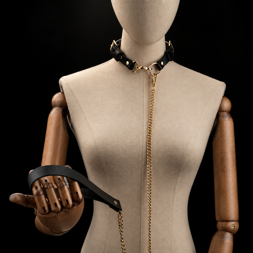 Adjustable Black Leather Choker Collar with Gold Hardware and Optional Leash