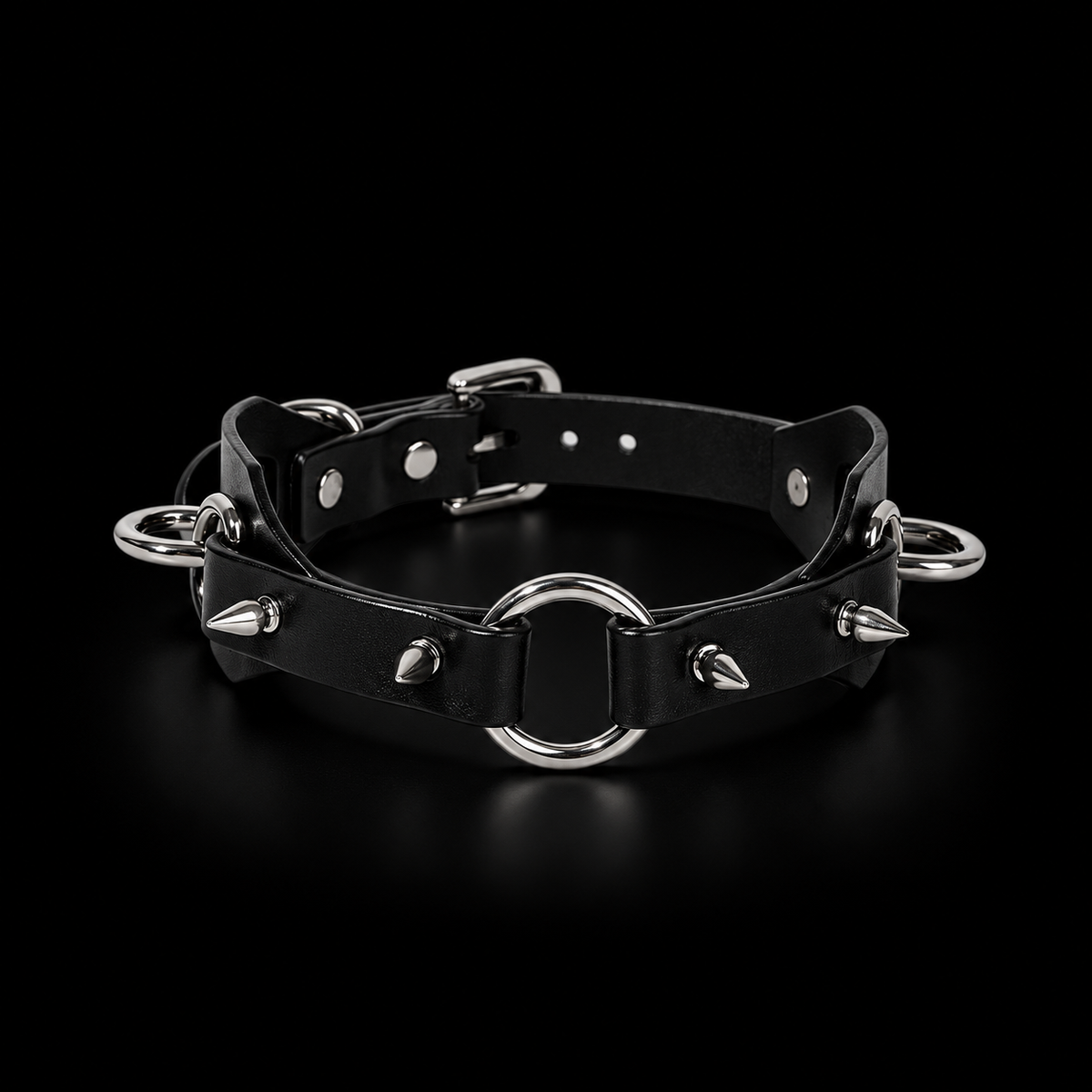 Adjustable Black Faux Leather O-Ring Choker Collar