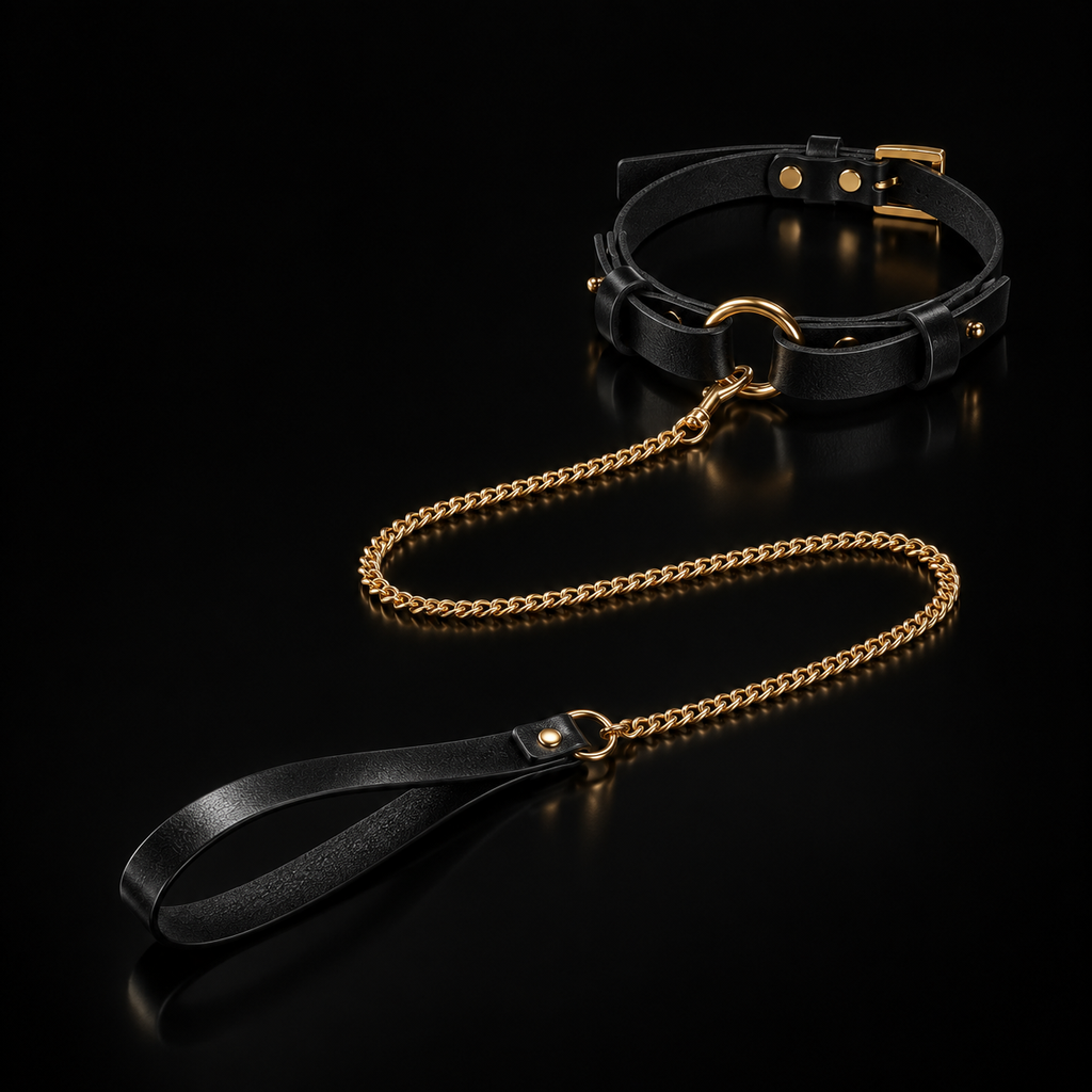 Black Leather Choker Collar with Gold Hardware and Detachable Chain Leash