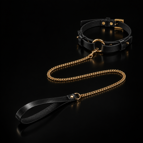 Black Leather Choker Collar with Gold Hardware and Detachable Chain Leash