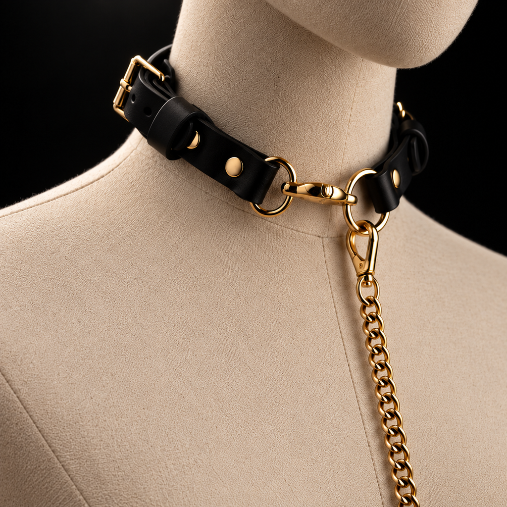 Adjustable Black Leather Choker Collar with Gold Hardware and Optional Leash