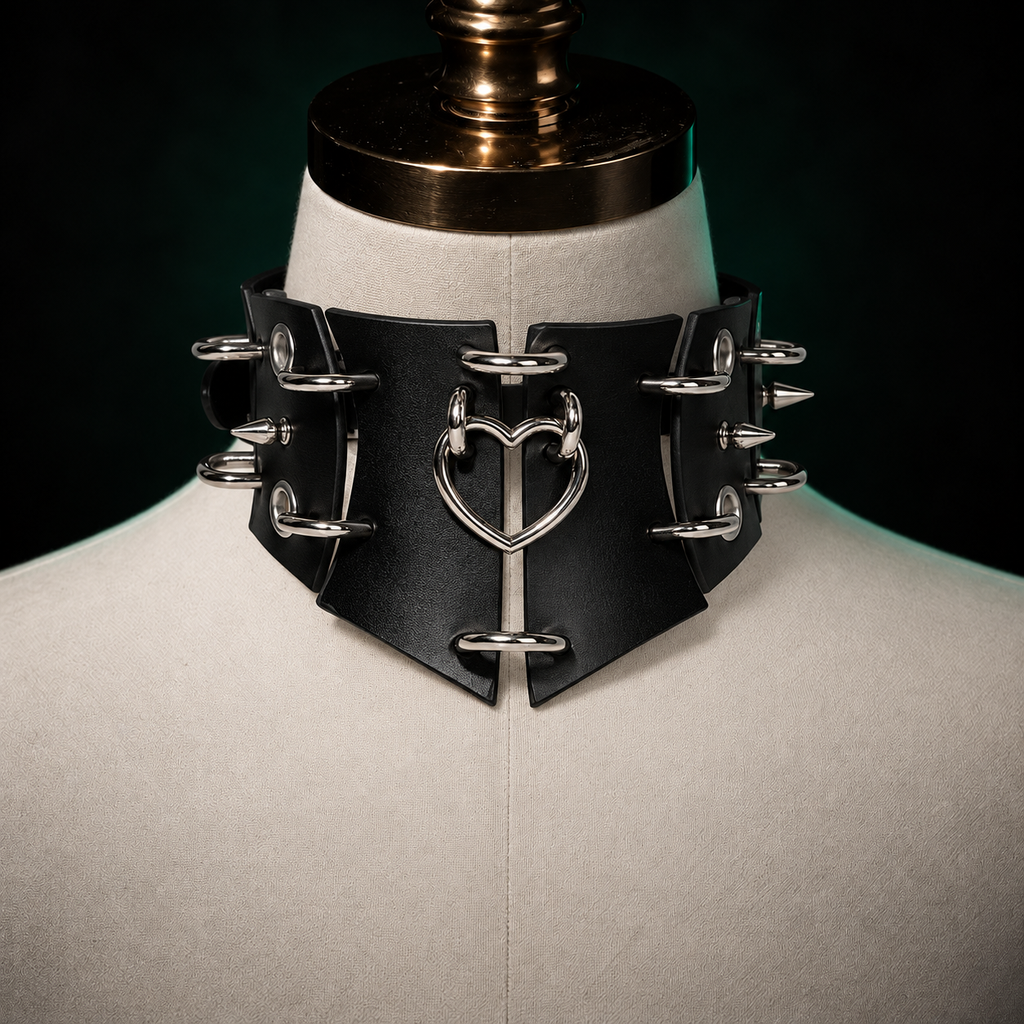 Black Leather Punk Wide Collar with Heart O-Ring
