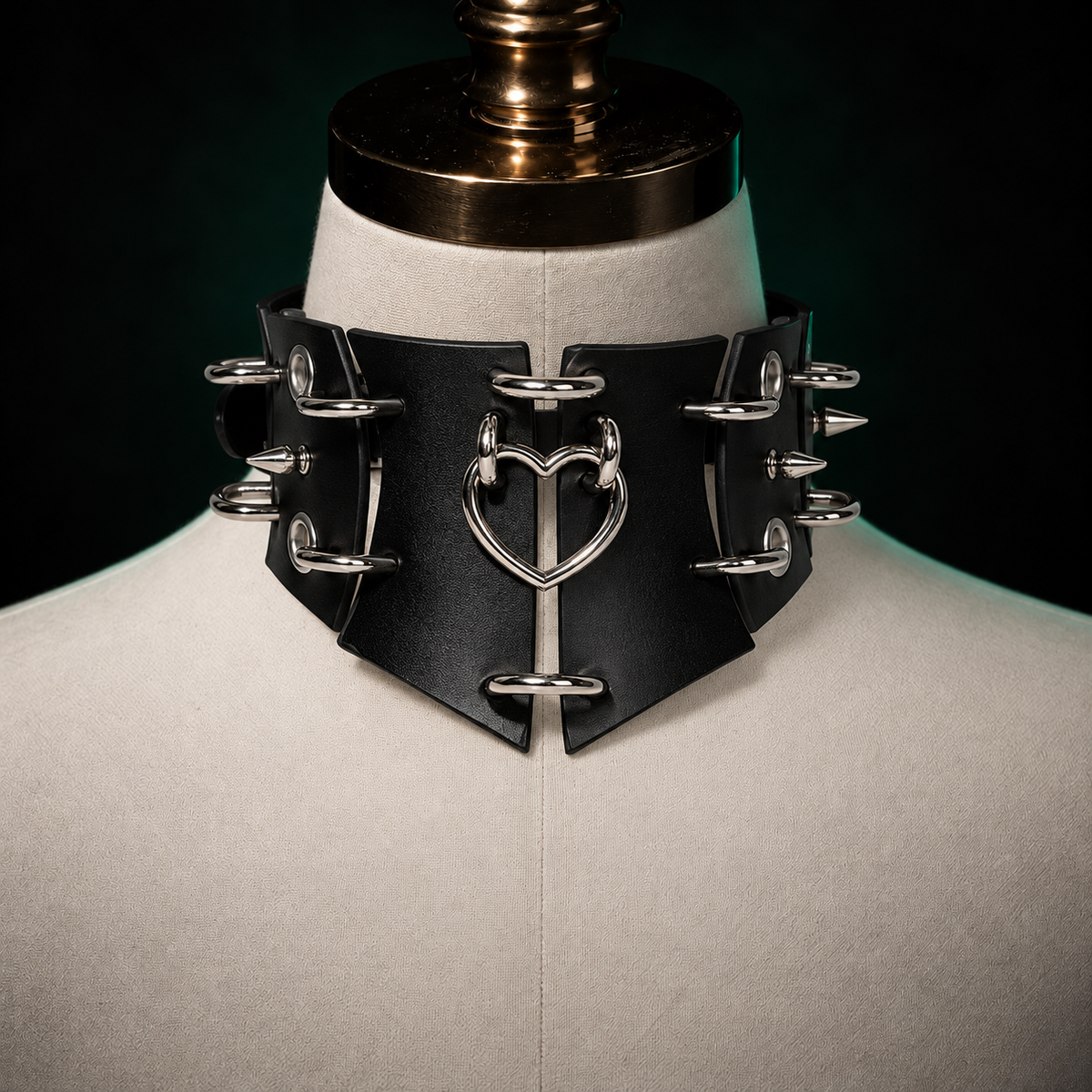 Black Leather Punk Wide Collar with Heart O-Ring